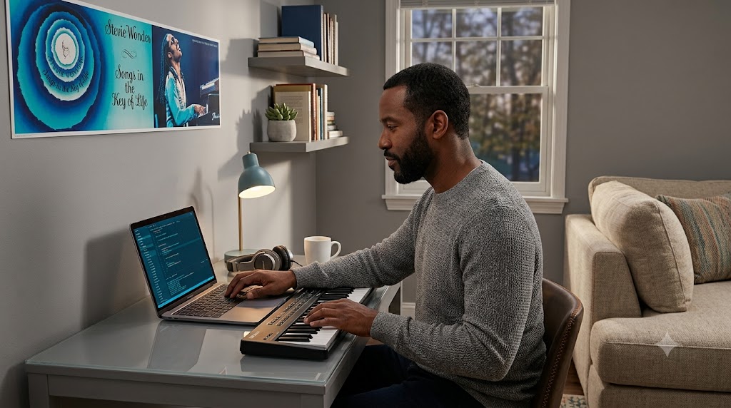A learner practicing on a keyboard