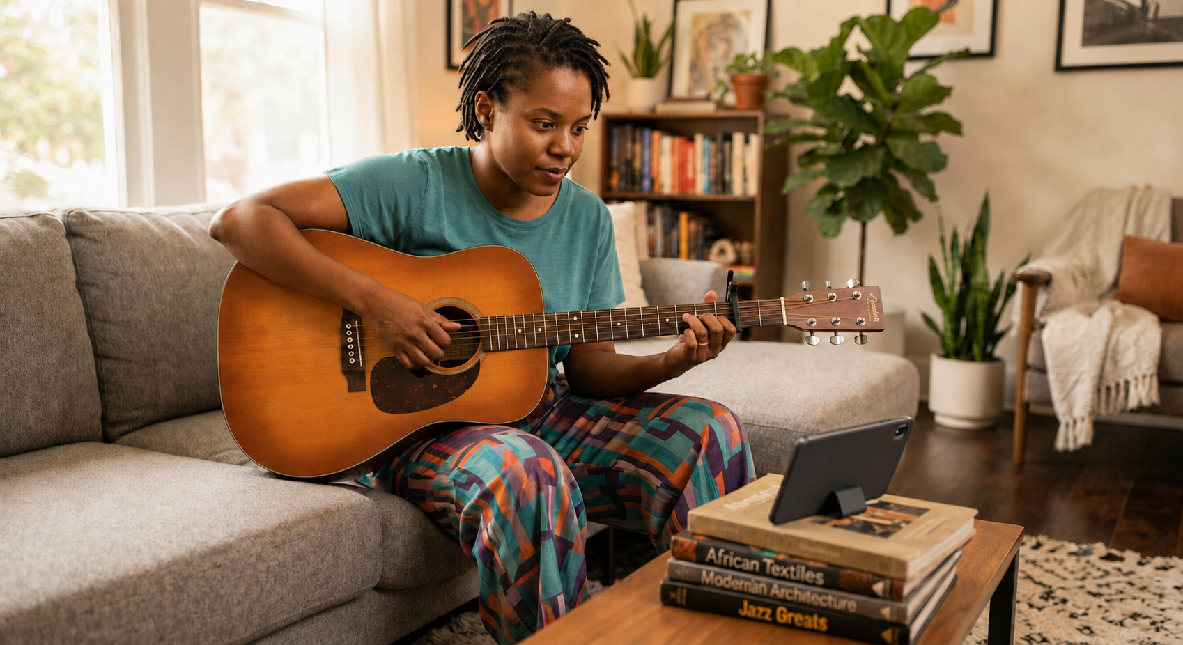 A guitarist learning at home with MaestroAI on a tablet
